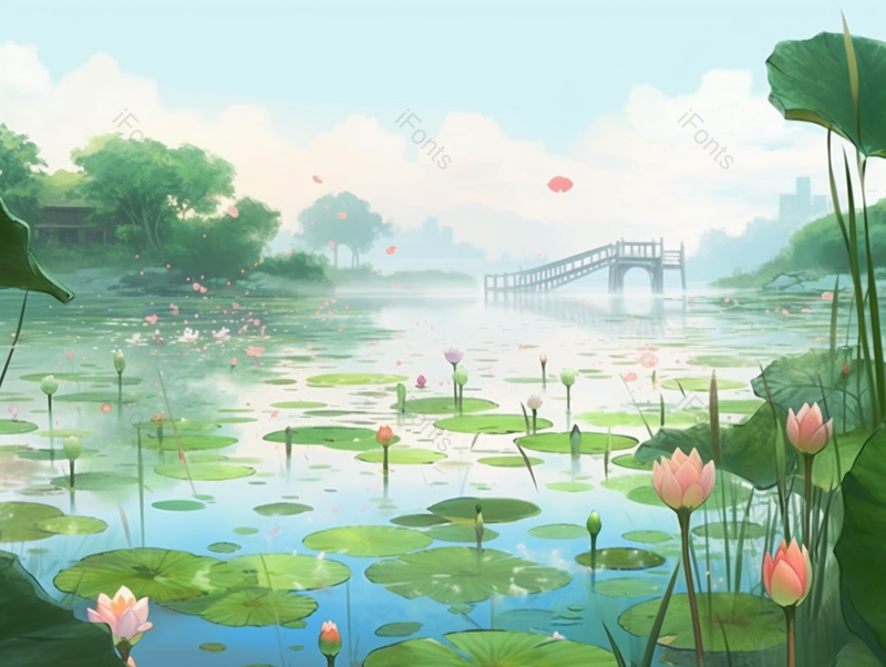 小暑池塘上的植物插画创意背景,插画/手绘图,插画/手绘图库,插画/手绘图下载,插画/手绘